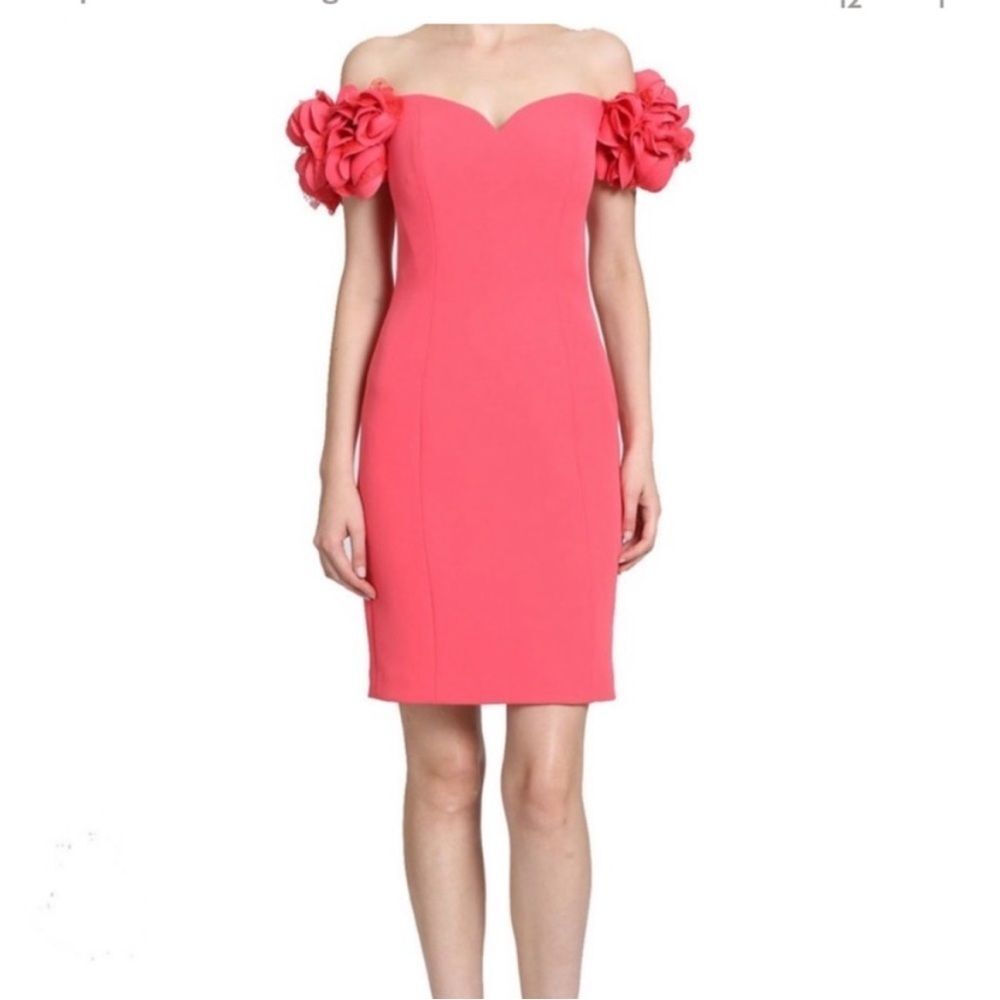 NWT $495 Badgley Mischka Coral Off Shoulder Cocktail SPRING WEDDING GUEST DRESS